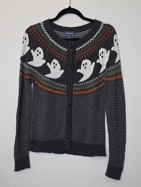 MODCLOTH You've Been Ghosted Fair Isle Cardigan Sweater In Gray Halloween Size M